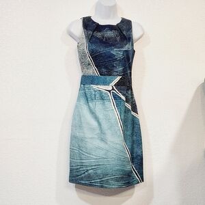 ELIE Tahari Rare Aquamarine dark blue liquid marble Sheath Dress Size 0